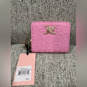Juicy Couture Cherry Blossom Pink Embossed Zip Card Wallet with Gold JC Logo